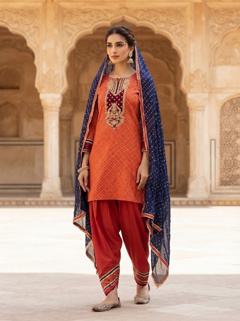 Pakistani Traditional Orange & Red Women's FarshiSalwar Kameez with Navy Dupatta